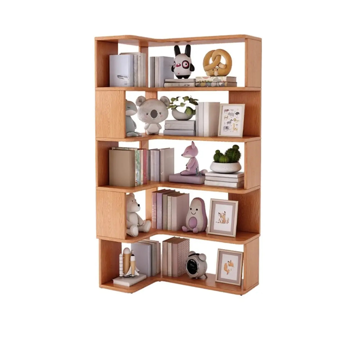 Modern Vertical Wood Brown Multi-shelf Corner Bookcase Image - 11