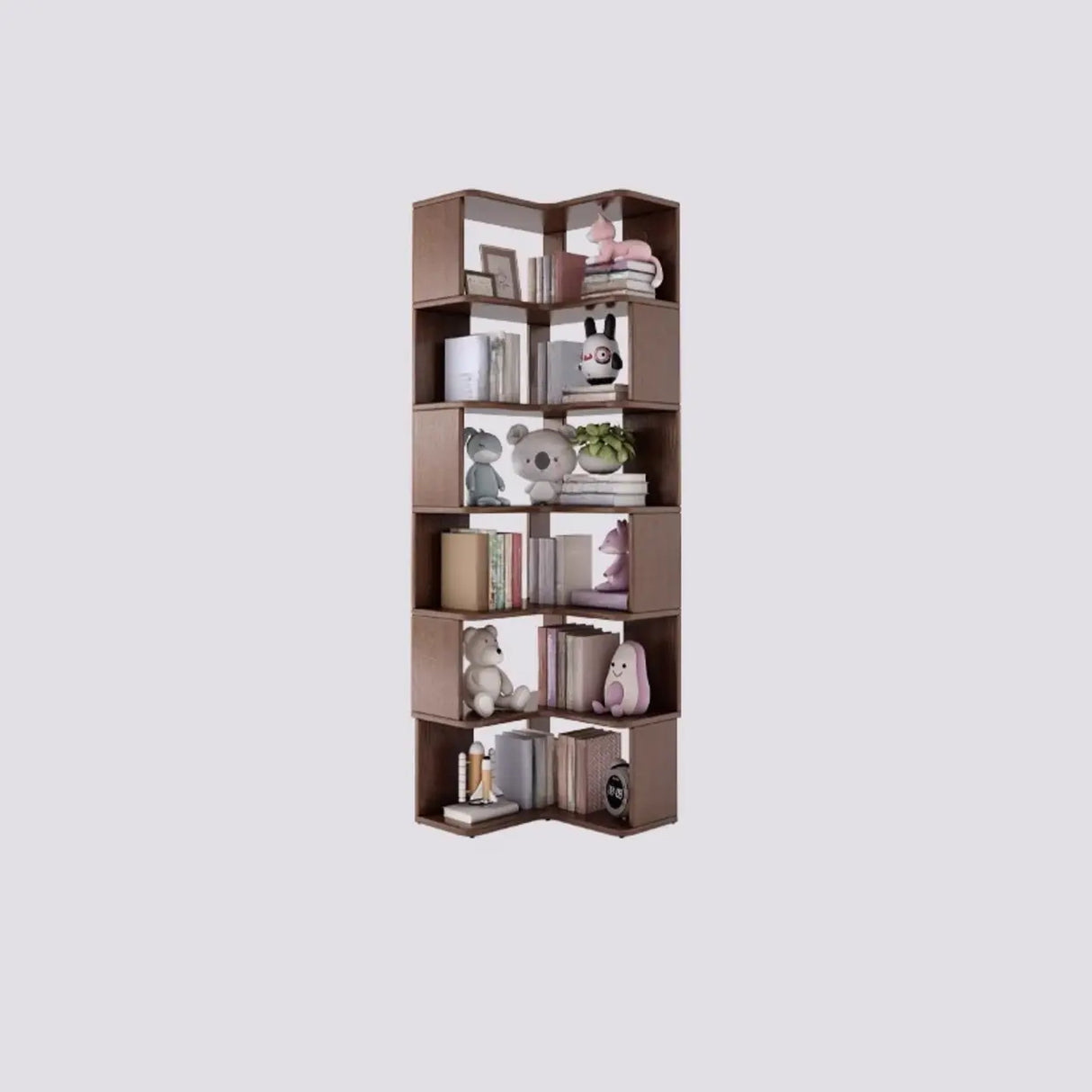 Modern Vertical Wood Brown Multi-shelf Corner Bookcase Image - 14