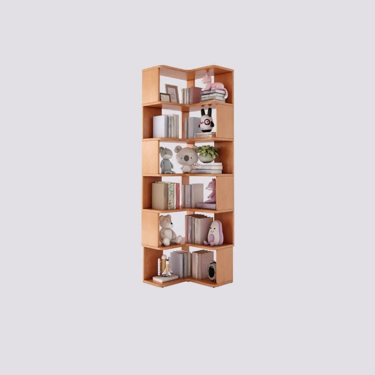 Modern Vertical Wood Brown Multi-shelf Corner Bookcase Image - 15