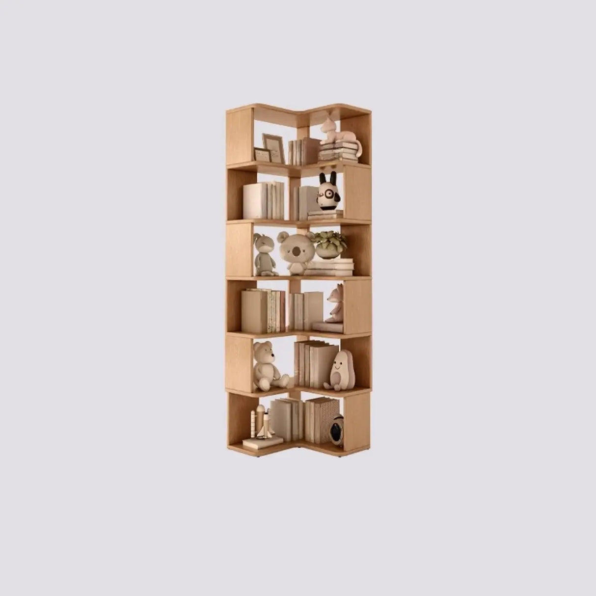 Modern Vertical Wood Brown Multi-shelf Corner Bookcase Image - 17