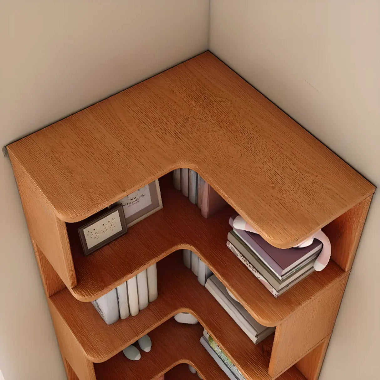 Modern Vertical Wood Brown Multi-shelf Corner Bookcase Image - 18