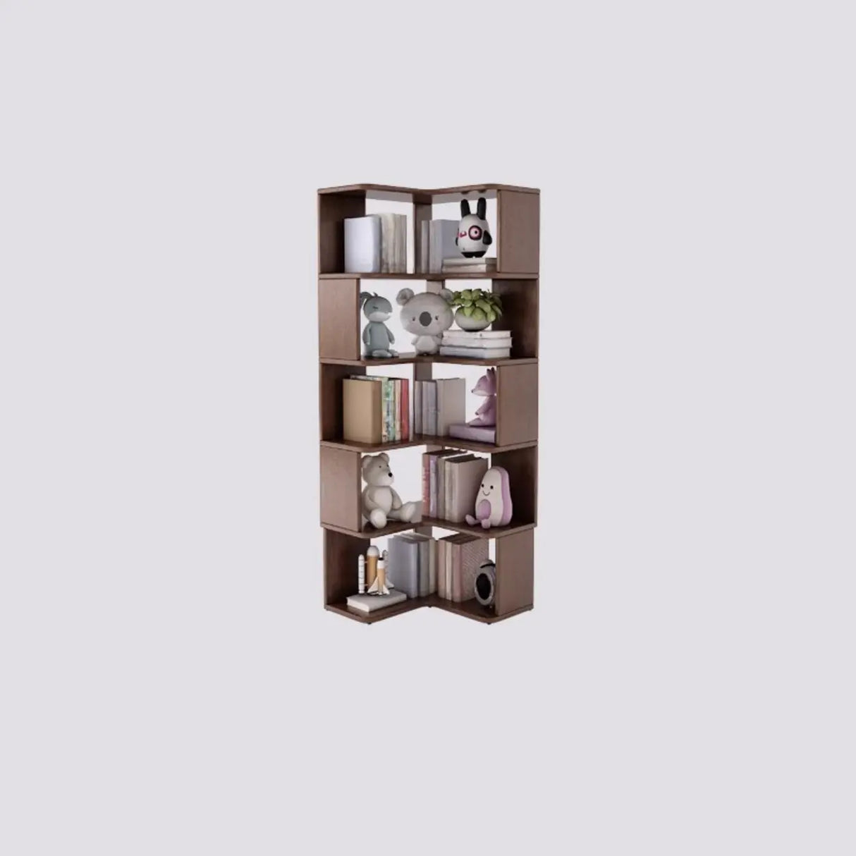 Modern Vertical Wood Brown Multi-shelf Corner Bookcase Image - 19