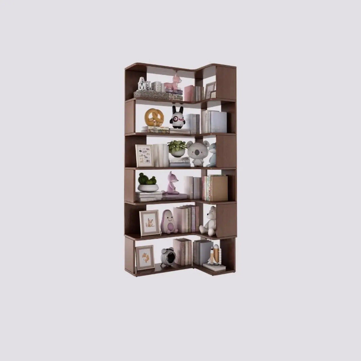 Modern Vertical Wood Brown Multi-shelf Corner Bookcase Image - 2
