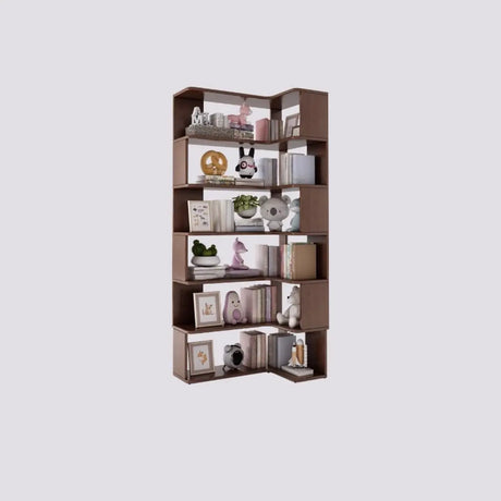 Modern Vertical Wood Brown Multi-shelf Corner Bookcase Image - 2