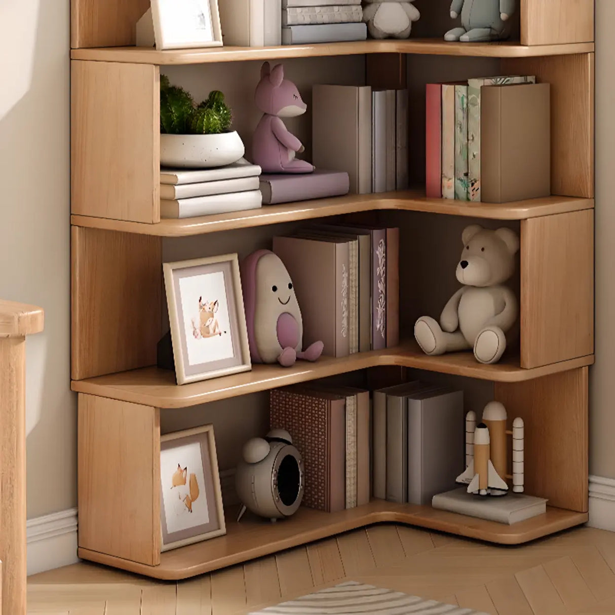 Modern Vertical Wood Brown Multi-shelf Corner Bookcase Image - 20