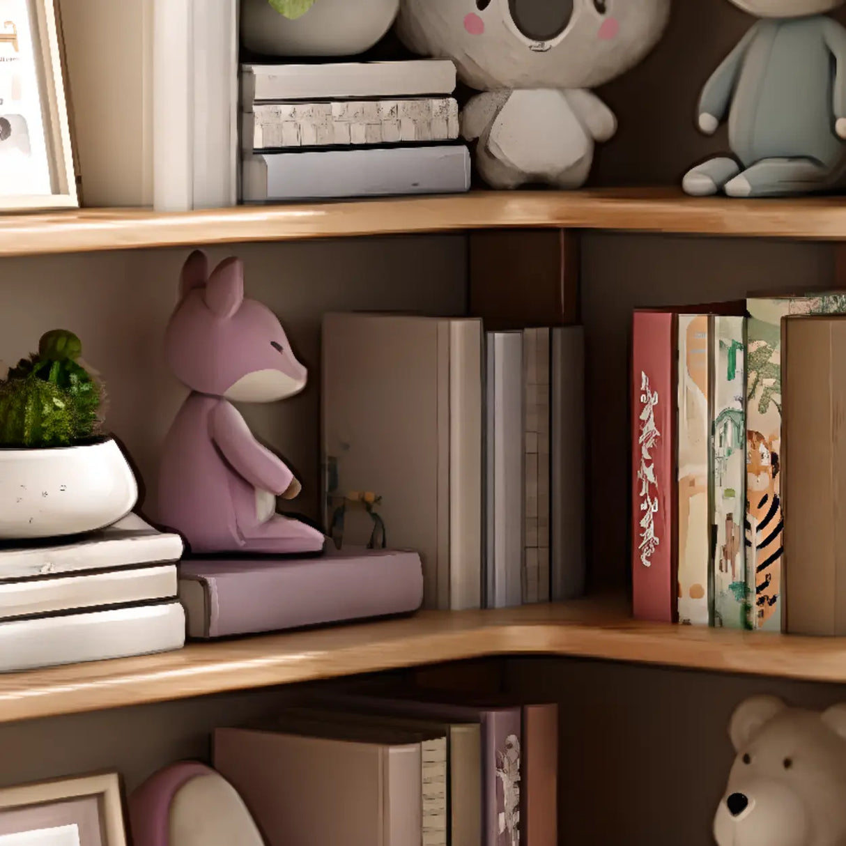 Modern Vertical Wood Brown Multi-shelf Corner Bookcase Image - 21