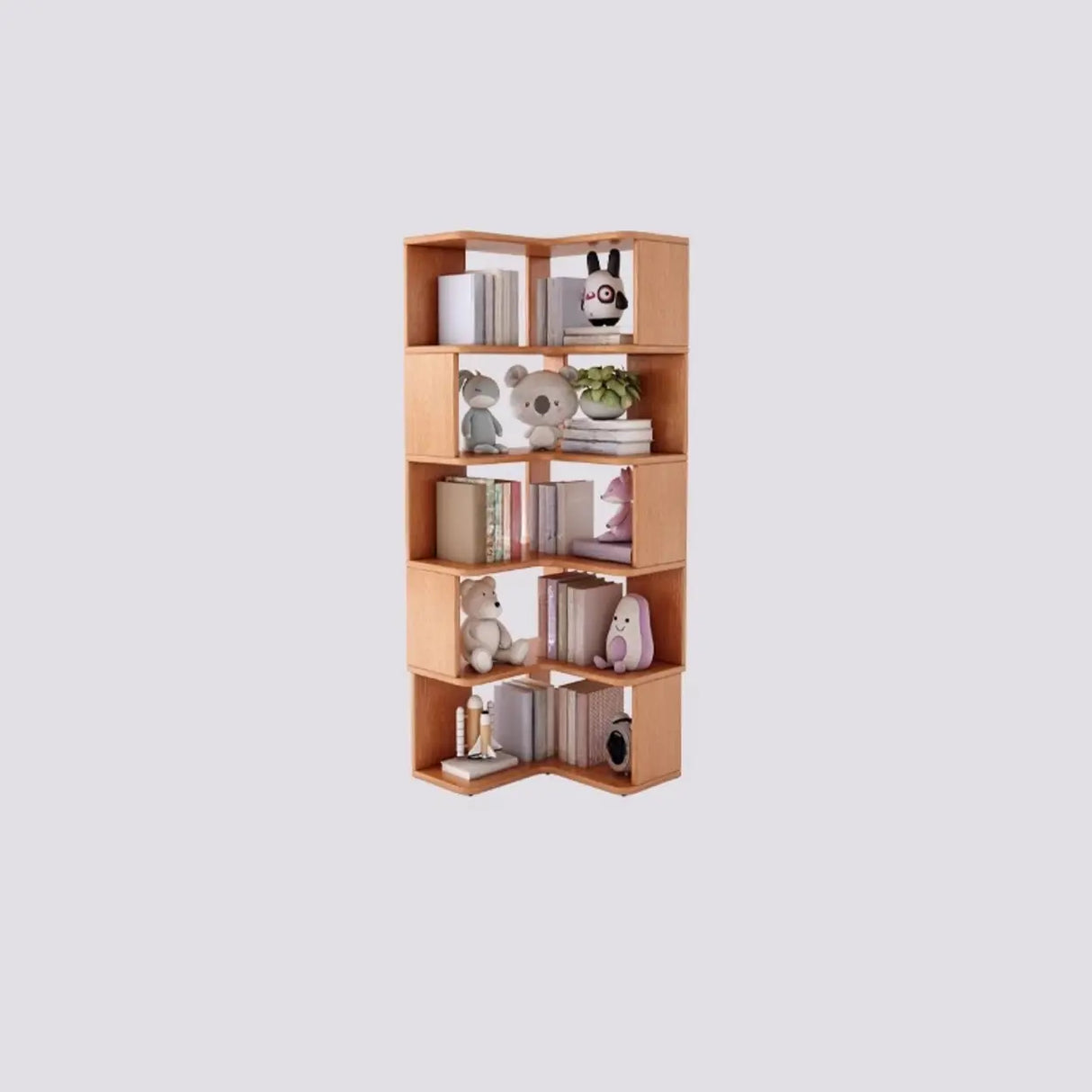 Modern Vertical Wood Brown Multi-shelf Corner Bookcase Image - 22