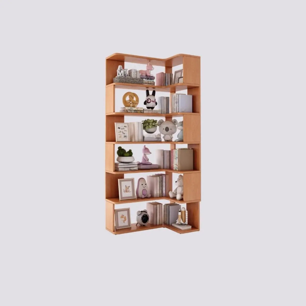 Modern Vertical Wood Brown Multi-shelf Corner Bookcase Image - 3