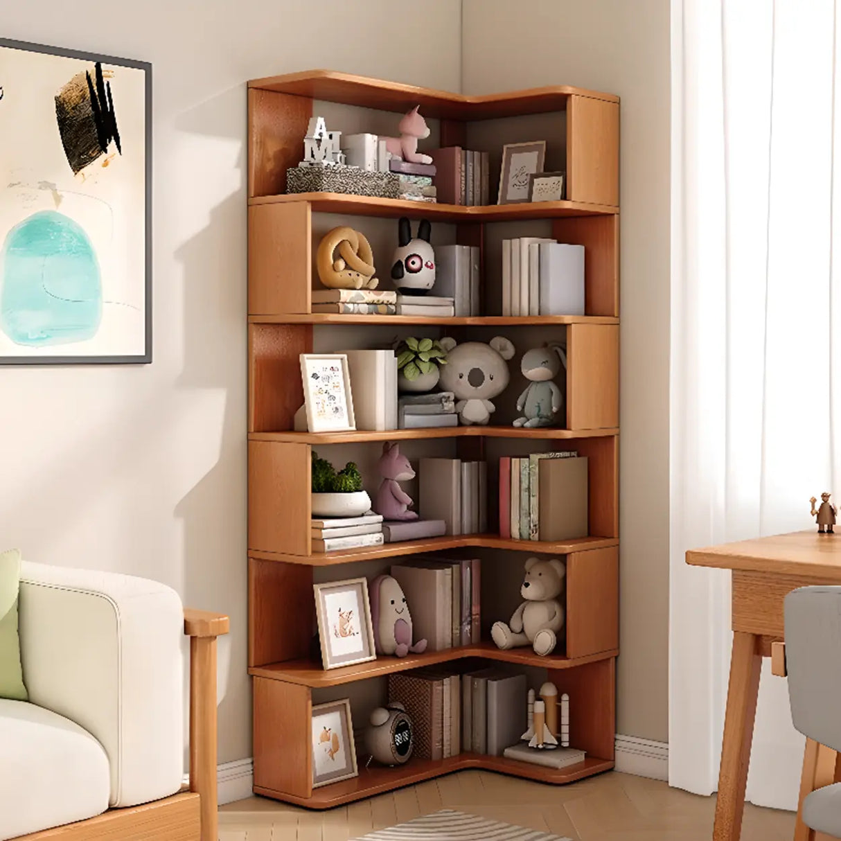 Modern Vertical Wood Brown Multi-shelf Corner Bookcase Image - 4