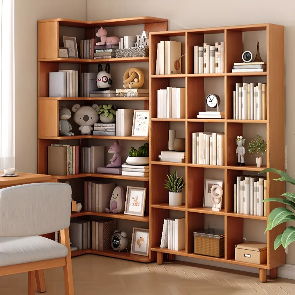 Modern Vertical Wood Brown Multi-shelf Corner Bookcase Image - 5