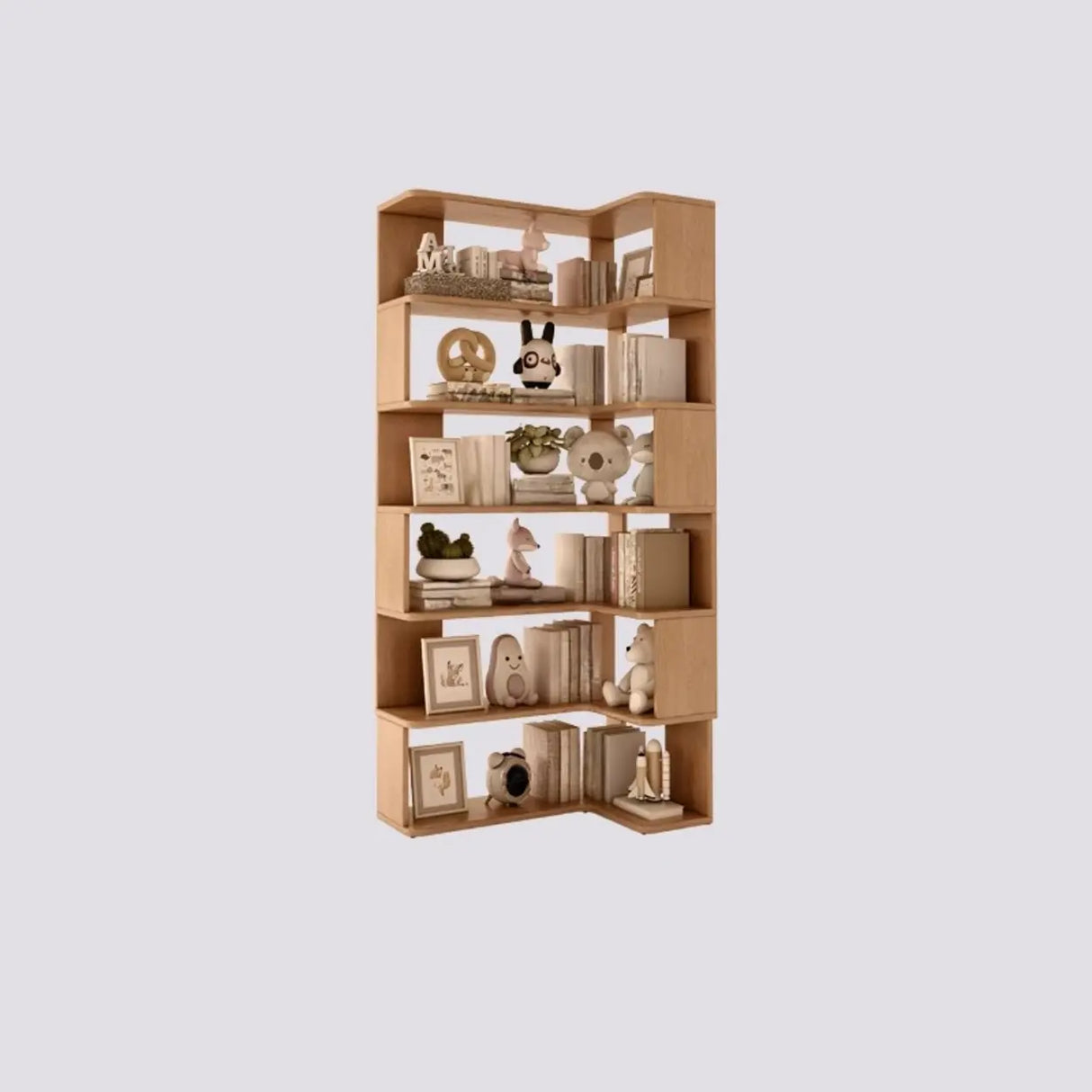 Modern Vertical Wood Brown Multi-shelf Corner Bookcase Image - 6