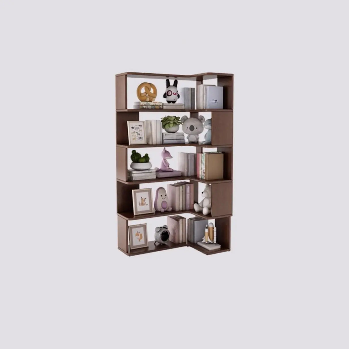 Modern Vertical Wood Brown Multi-shelf Corner Bookcase Image - 7