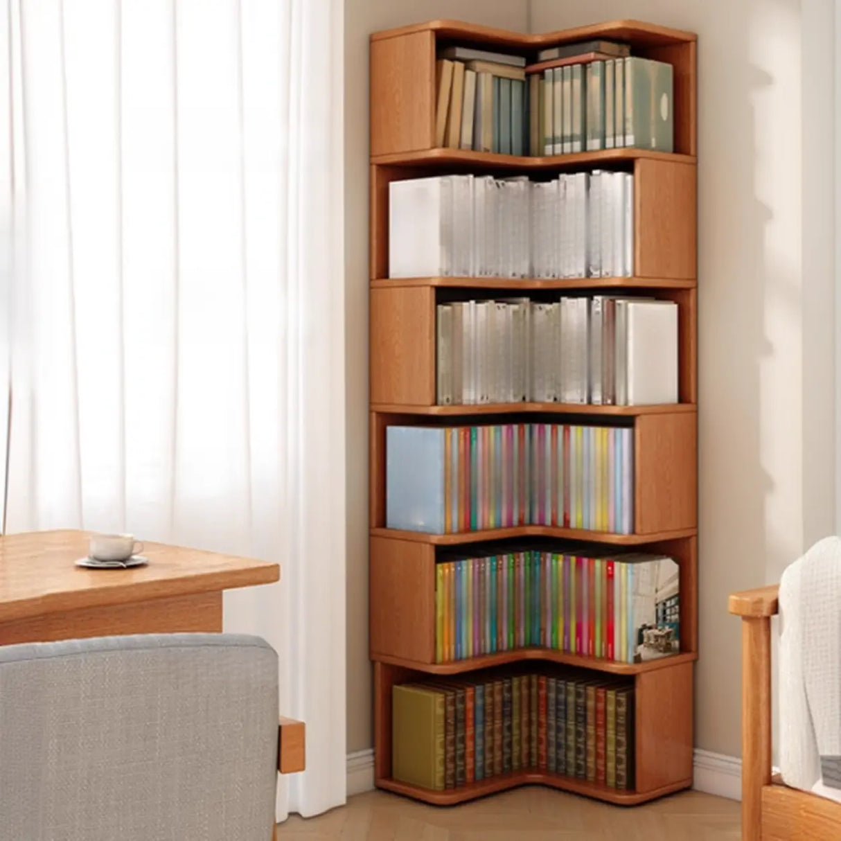 Modern Vertical Wood Brown Multi-shelf Corner Bookcase Image - 8