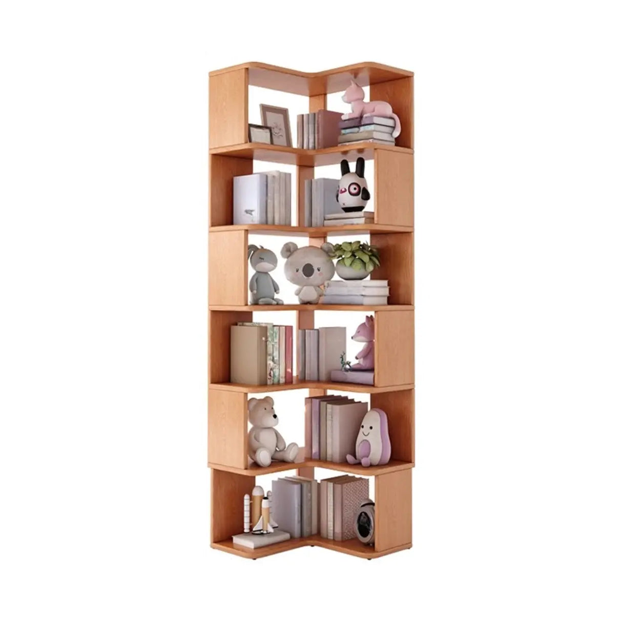 Modern Vertical Wood Brown Multi-shelf Corner Bookcase Image - 9