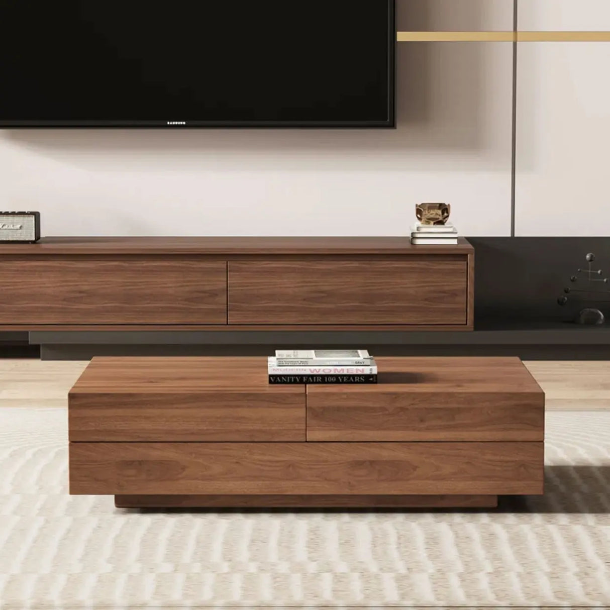 Modern Walnut Extendable Wood Coffee Table with Hidden Storage Image - 7