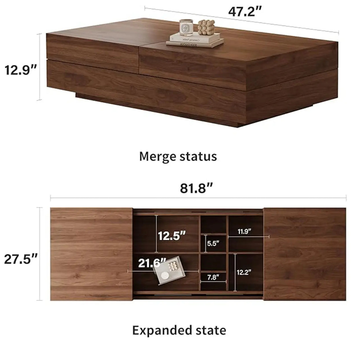 Modern Walnut Extendable Wood Coffee Table with Hidden Storage 