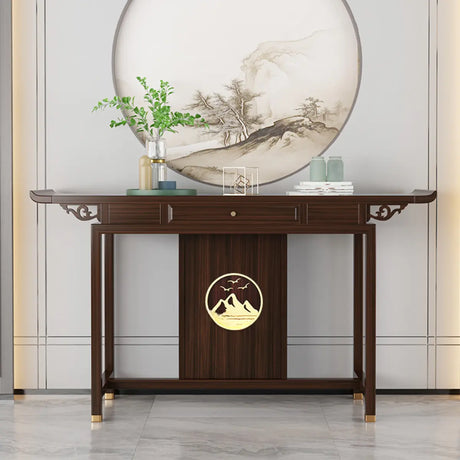 Modern Walnut Finish Oriental Storage Console Table Image - 1