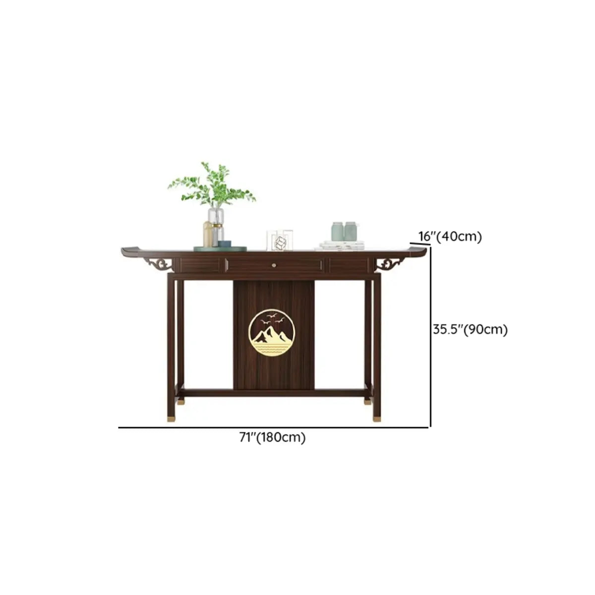 Modern Walnut Finish Oriental Storage Console Table Image - 10
