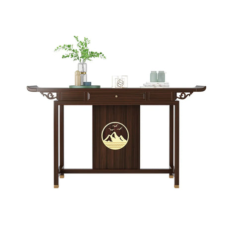 Modern Walnut Finish Oriental Storage Console Table Image - 2