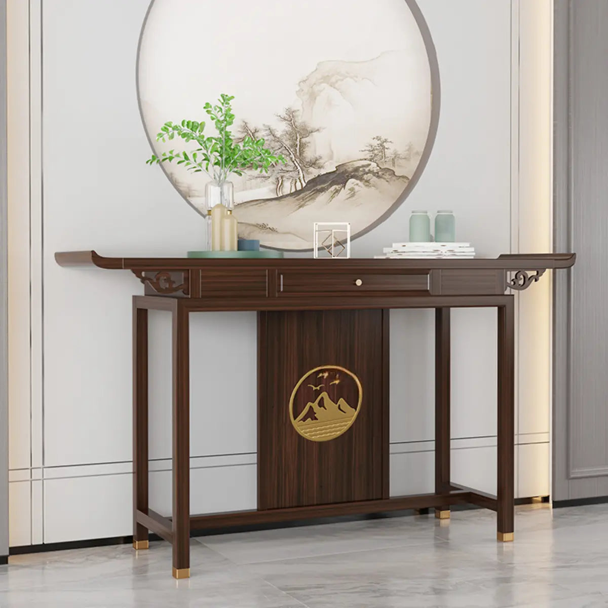 Modern Walnut Finish Oriental Storage Console Table Image - 4
