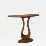 Modern Walnut-Finish Solid Pine Console Table with Sculptural Base Image - 2