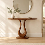 Modern Walnut-Finish Solid Pine Console Table with Sculptural Base Image - 3
