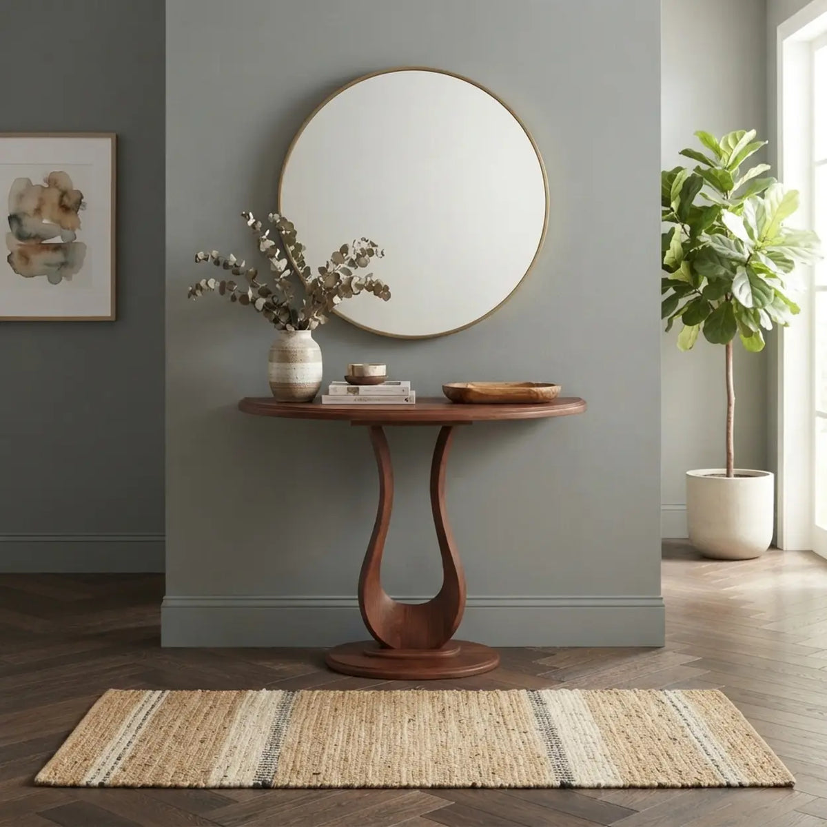 Modern Walnut-Finish Solid Pine Console Table with Sculptural Base Image - 6