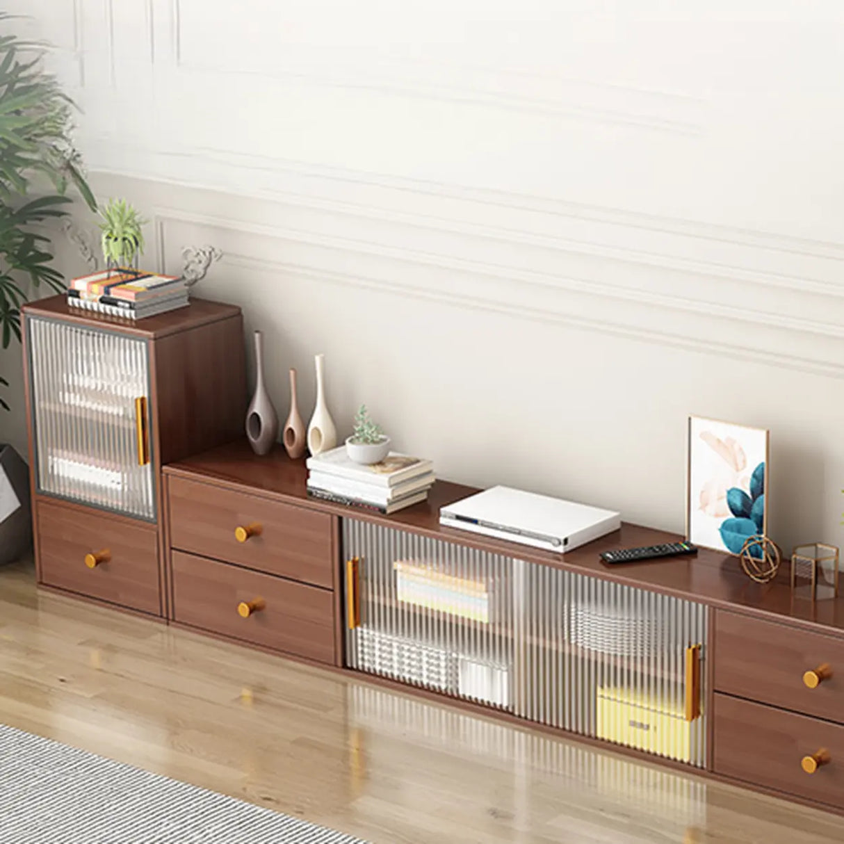 Modern Walnut Wood TV Stand with Storage Cabinet Image - 8