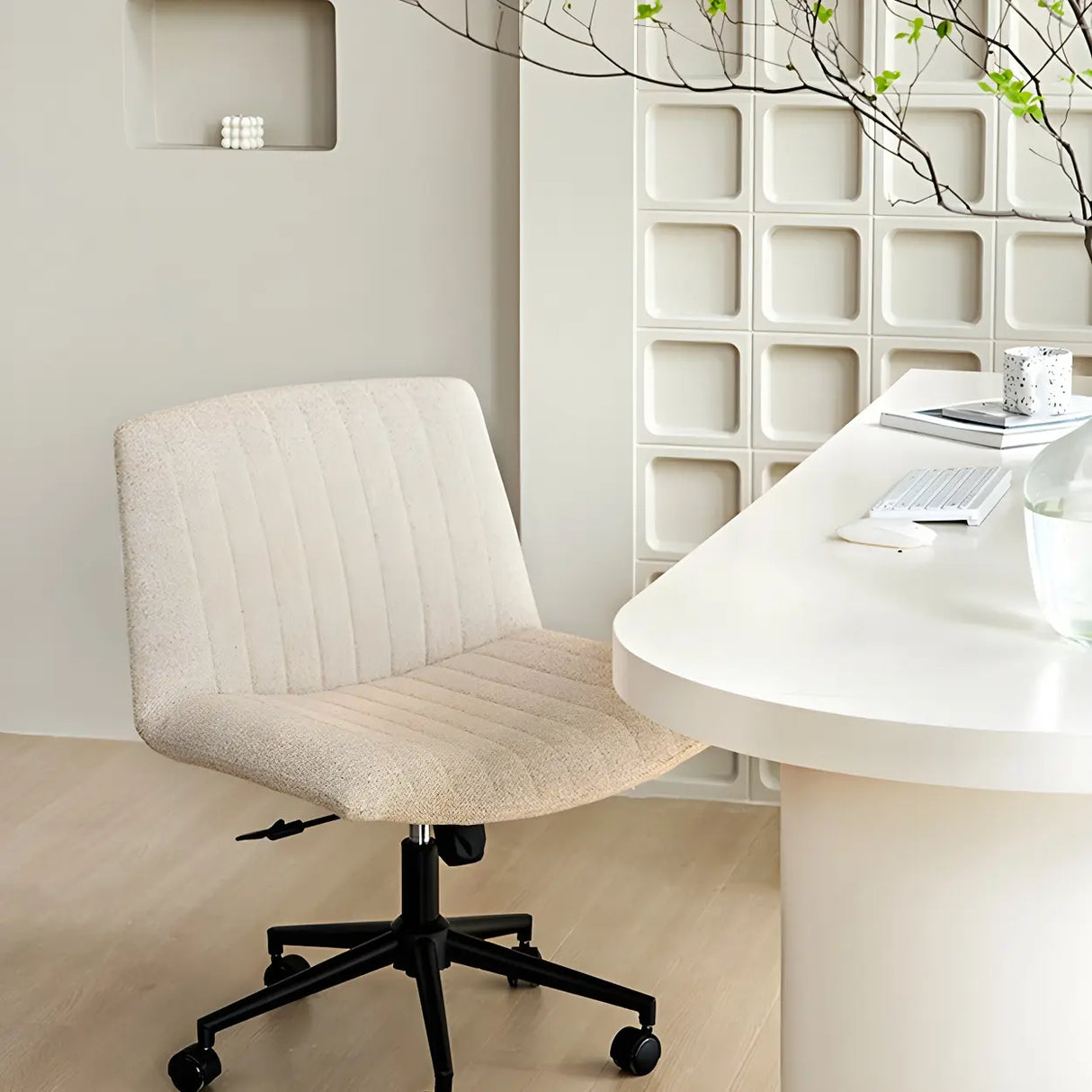Modern White Adjustable Armless Faux Leather Office Chair Image - 12