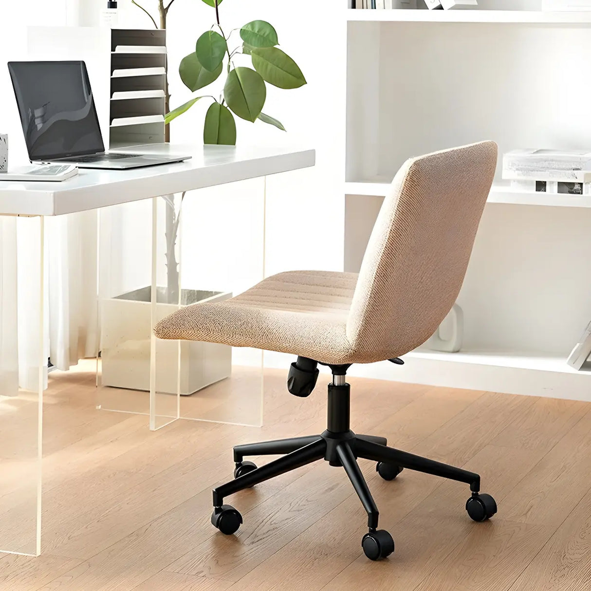 Modern White Adjustable Armless Faux Leather Office Chair Image - 7