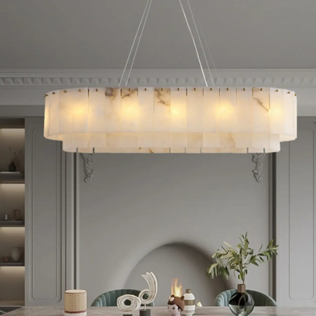 Modern White Alabaster Brass Long Oval Pendant Island Lights Image - 1