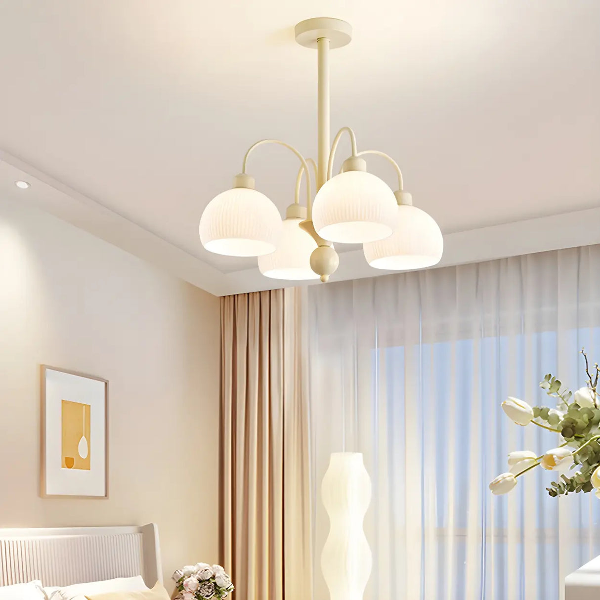 Modern White Chandeliers Downrods Dome Flower Living Room Image - 16