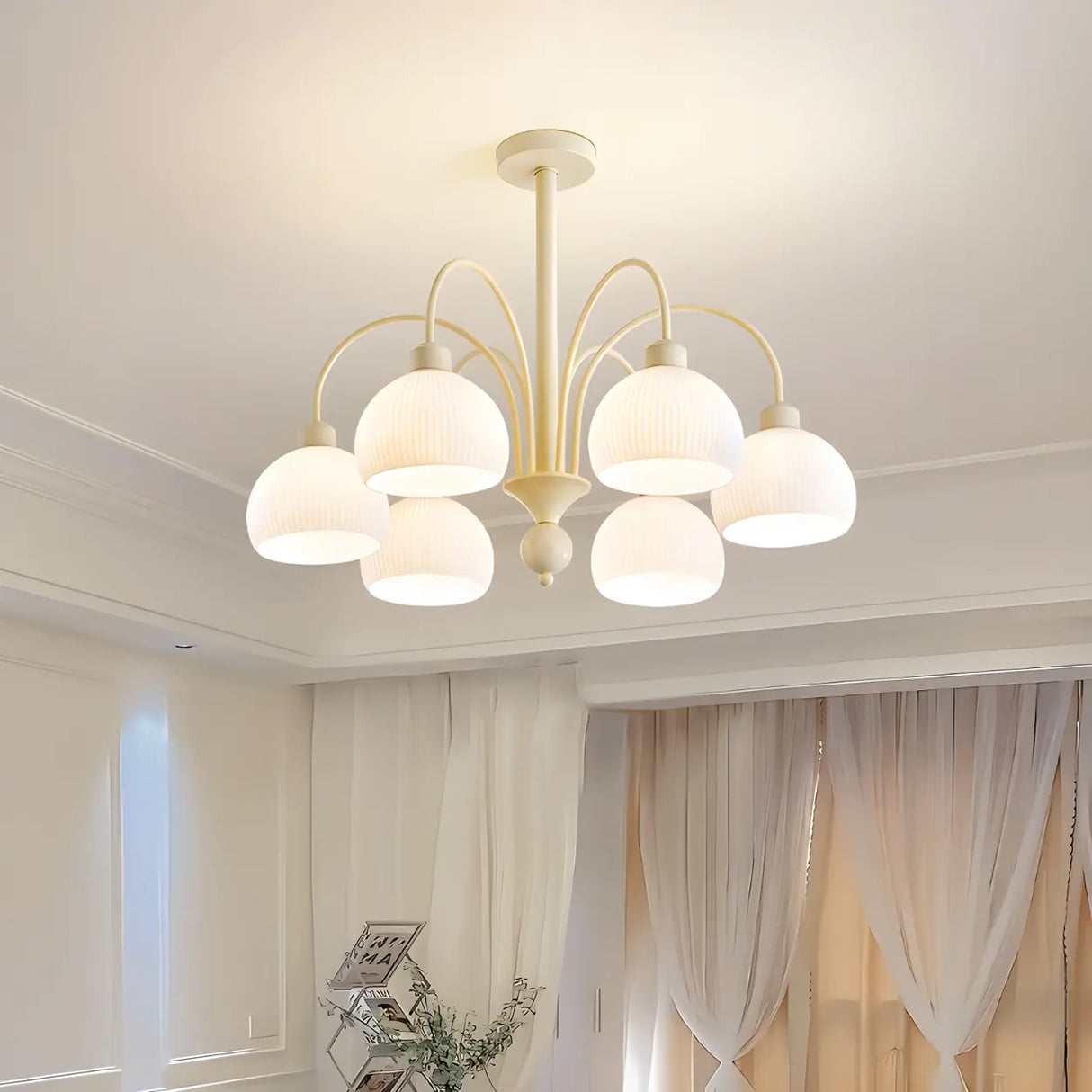 Modern White Chandeliers Downrods Dome Flower Living Room Image - 4