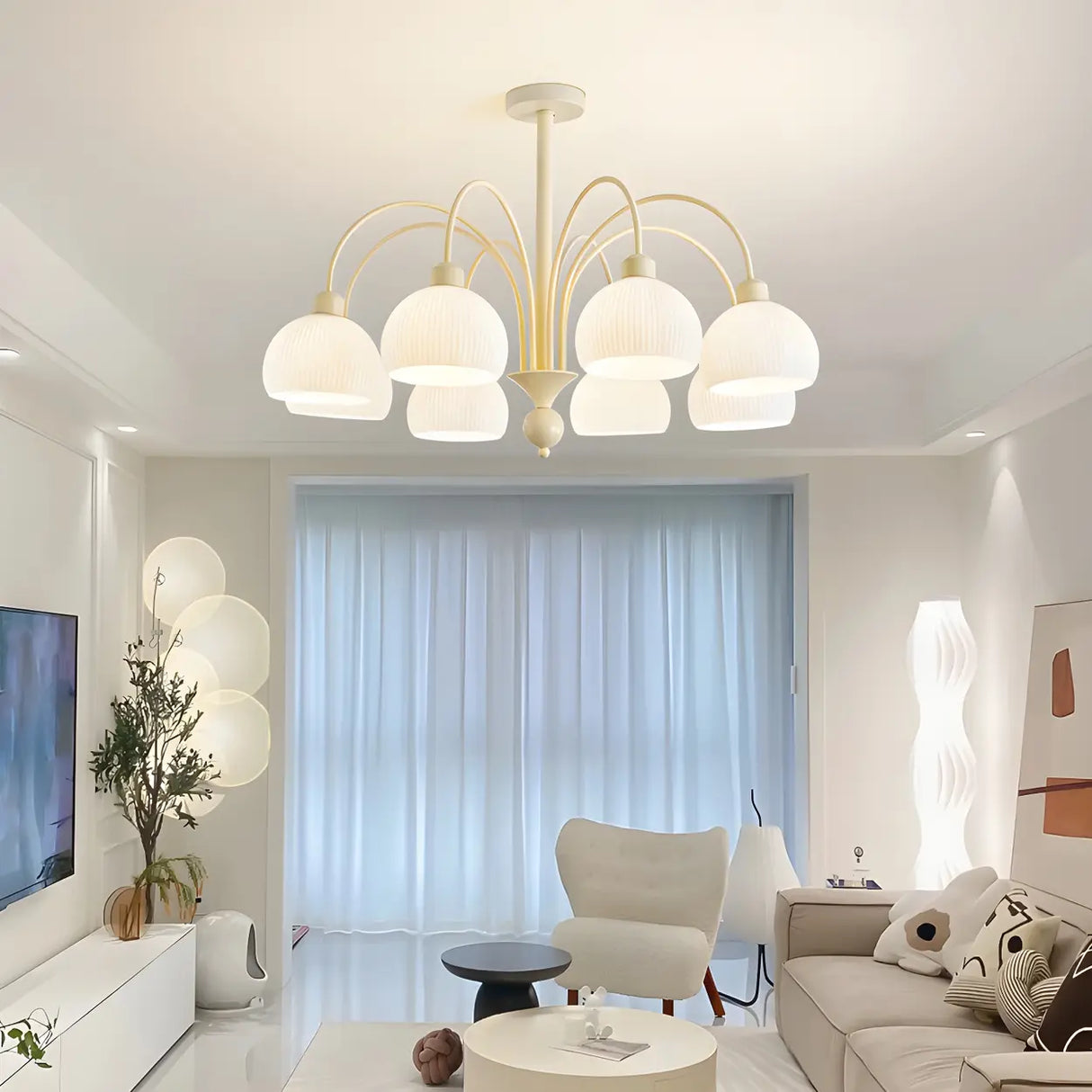 Modern White Chandeliers Downrods Dome Flower Living Room Image - 5