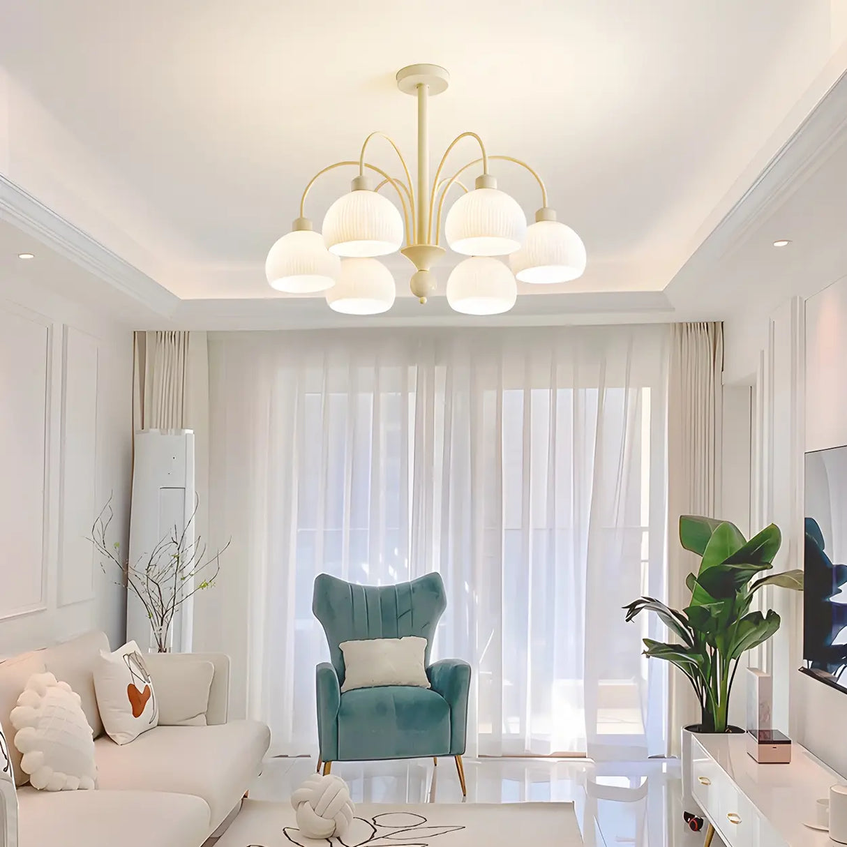 Modern White Chandeliers Downrods Dome Flower Living Room Image - 6