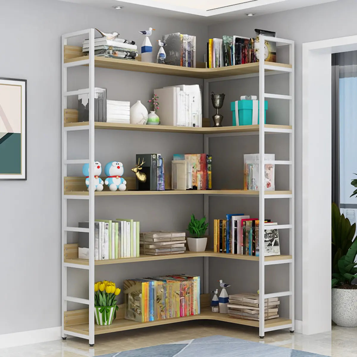 Modern White Corner Open Back Large Display Bookshelf Image - 1