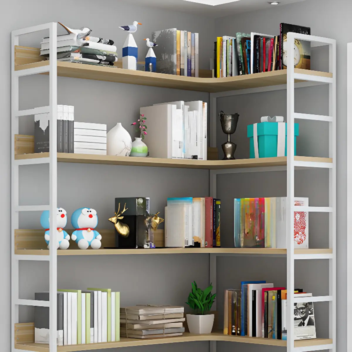 Modern White Corner Open Back Large Display Bookshelf Image - 3