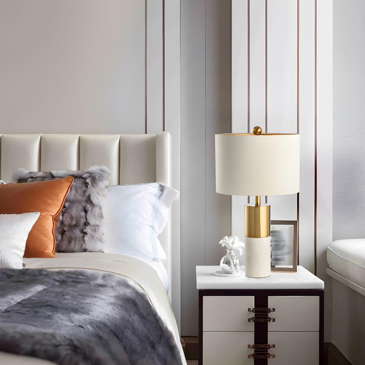 Modern White Cylinder Fabric Shade Stone Table Lamp Image - 3