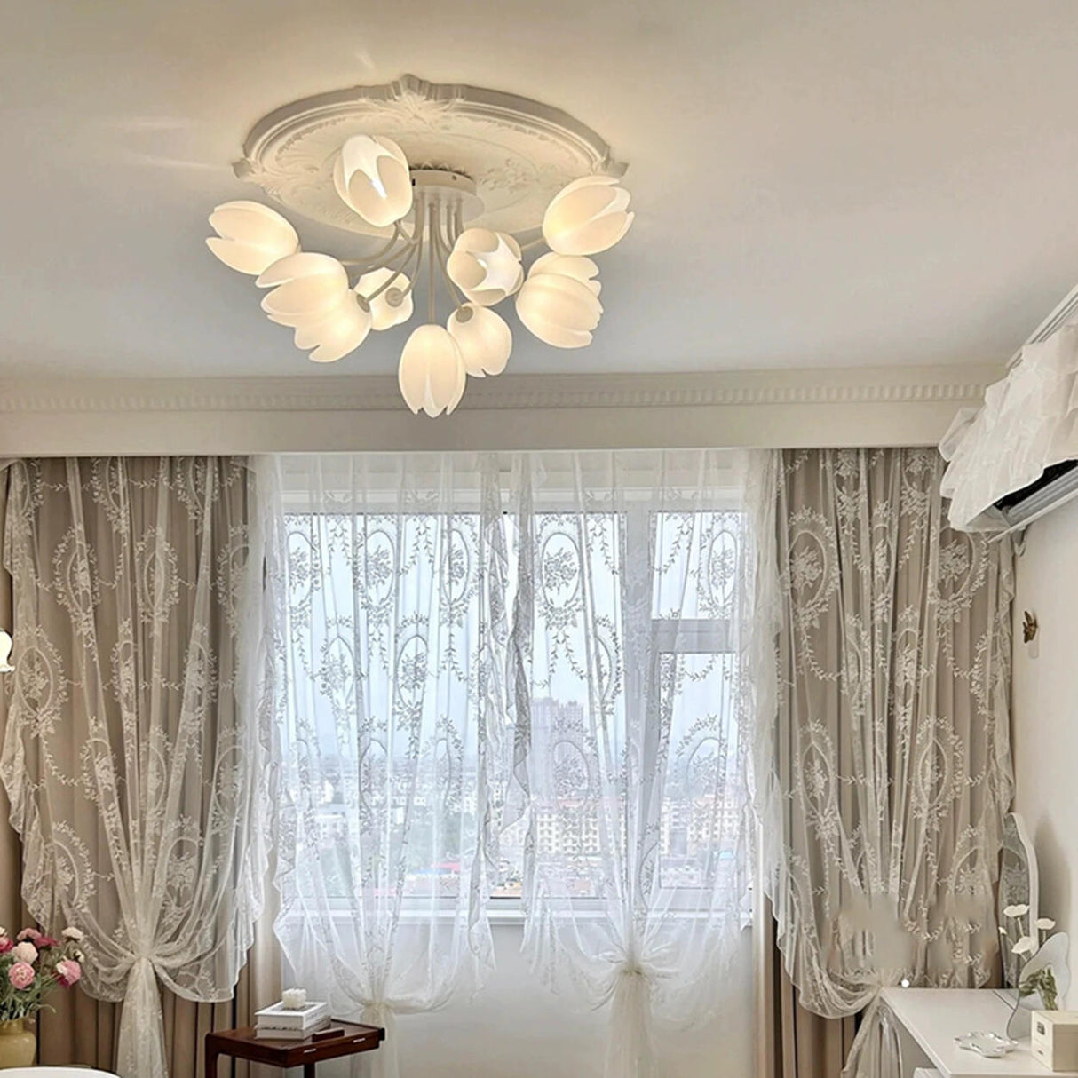 Modern White Elegant Flower Semi-Flush Mount Light Image - 5