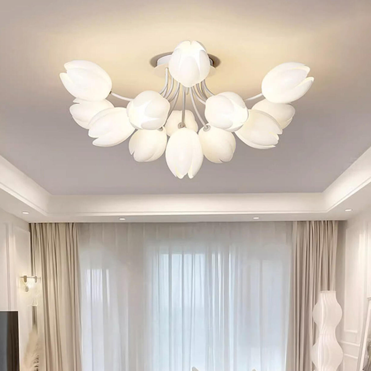 Modern White Elegant Flower Semi-Flush Mount Light Image - 7