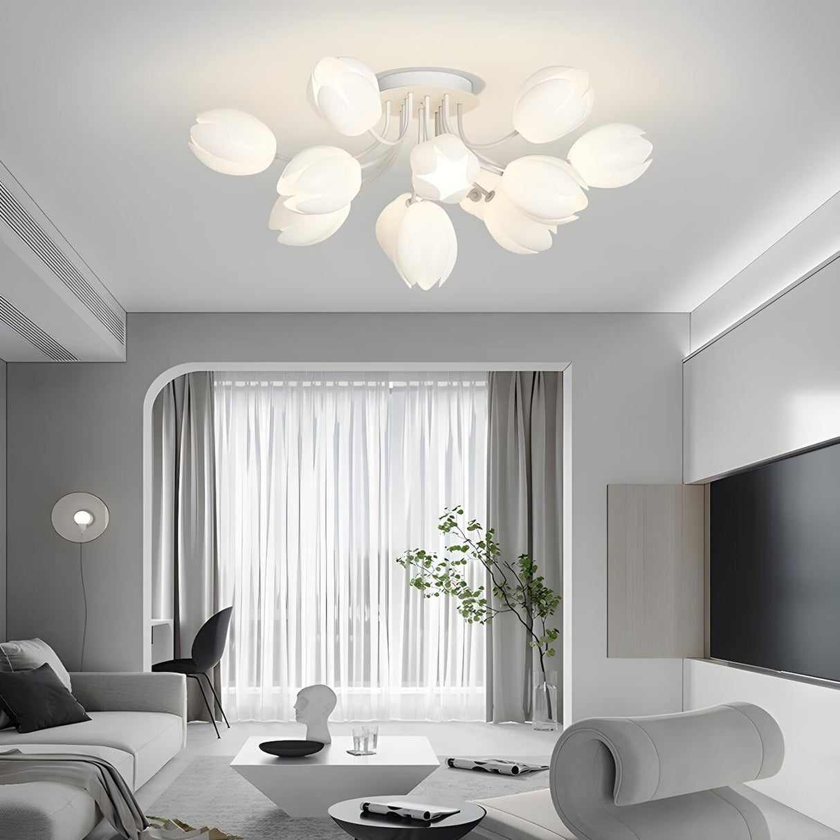 Modern White Elegant Flower Semi-Flush Mount Light Image - 8