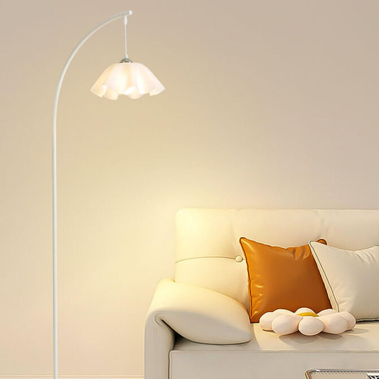 Modern White Floral Bedside Arc Metal Floor Lamp Image - 3