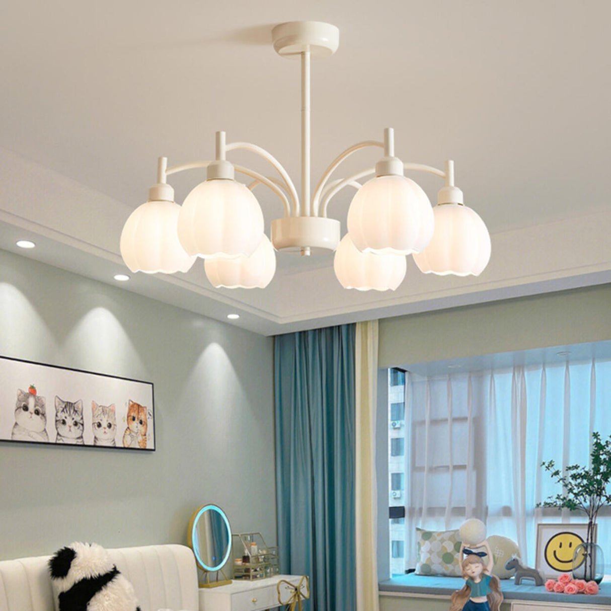 Modern White Glass Tulip Bud Chandelier Adjustable Height Image - 4