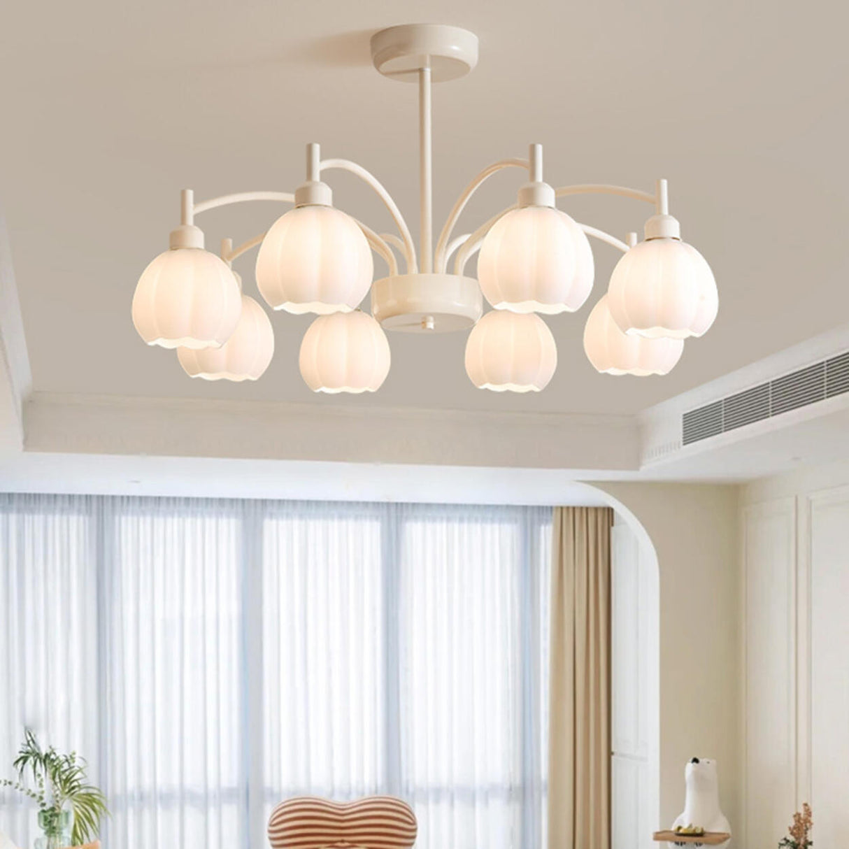 Modern White Glass Tulip Bud Chandelier Adjustable Height Image - 6