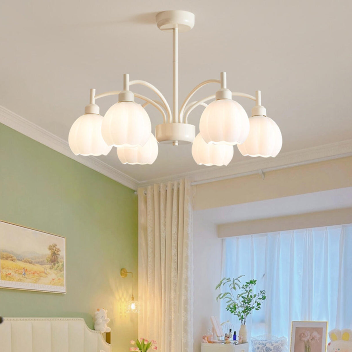 Modern White Glass Tulip Bud Chandelier Adjustable Height Image - 8