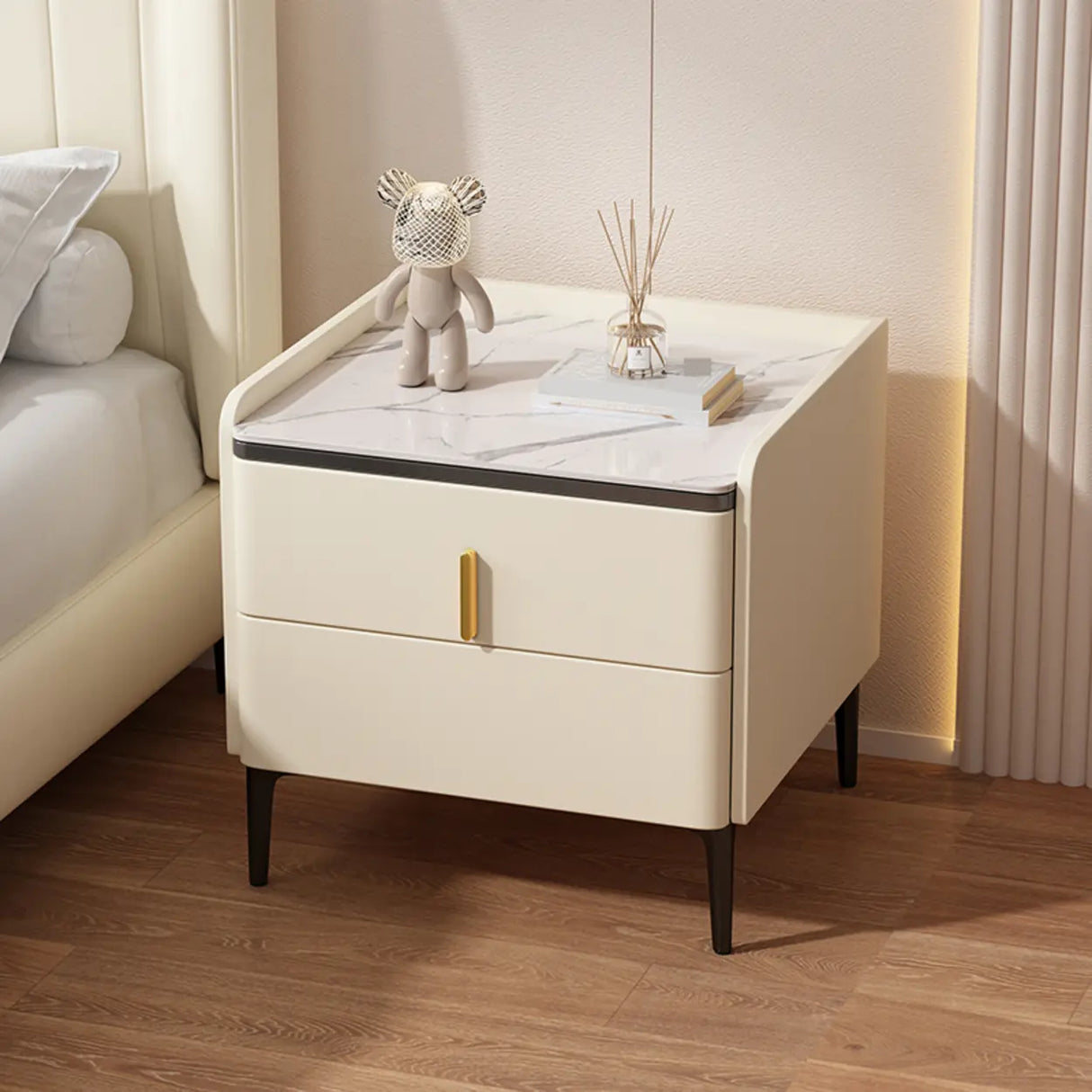 Modern White Marble Top Nightstand with Storage Drawer Image - 1