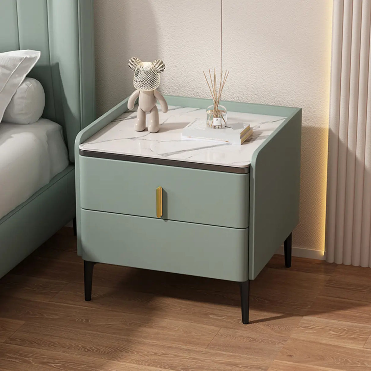 Modern White Marble Top Nightstand with Storage Drawer Image - 11
