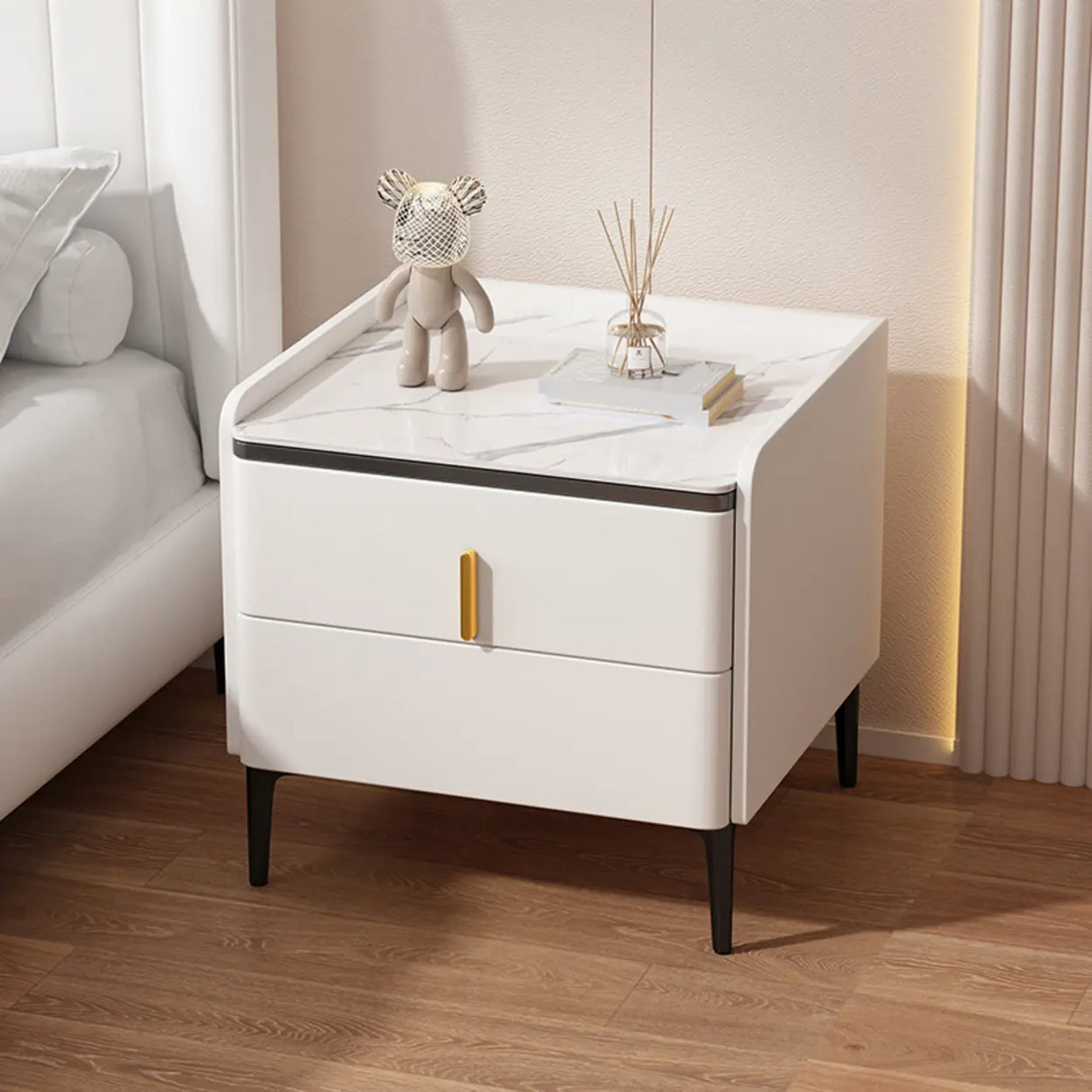 Modern White Marble Top Nightstand with Storage Drawer Image - 2