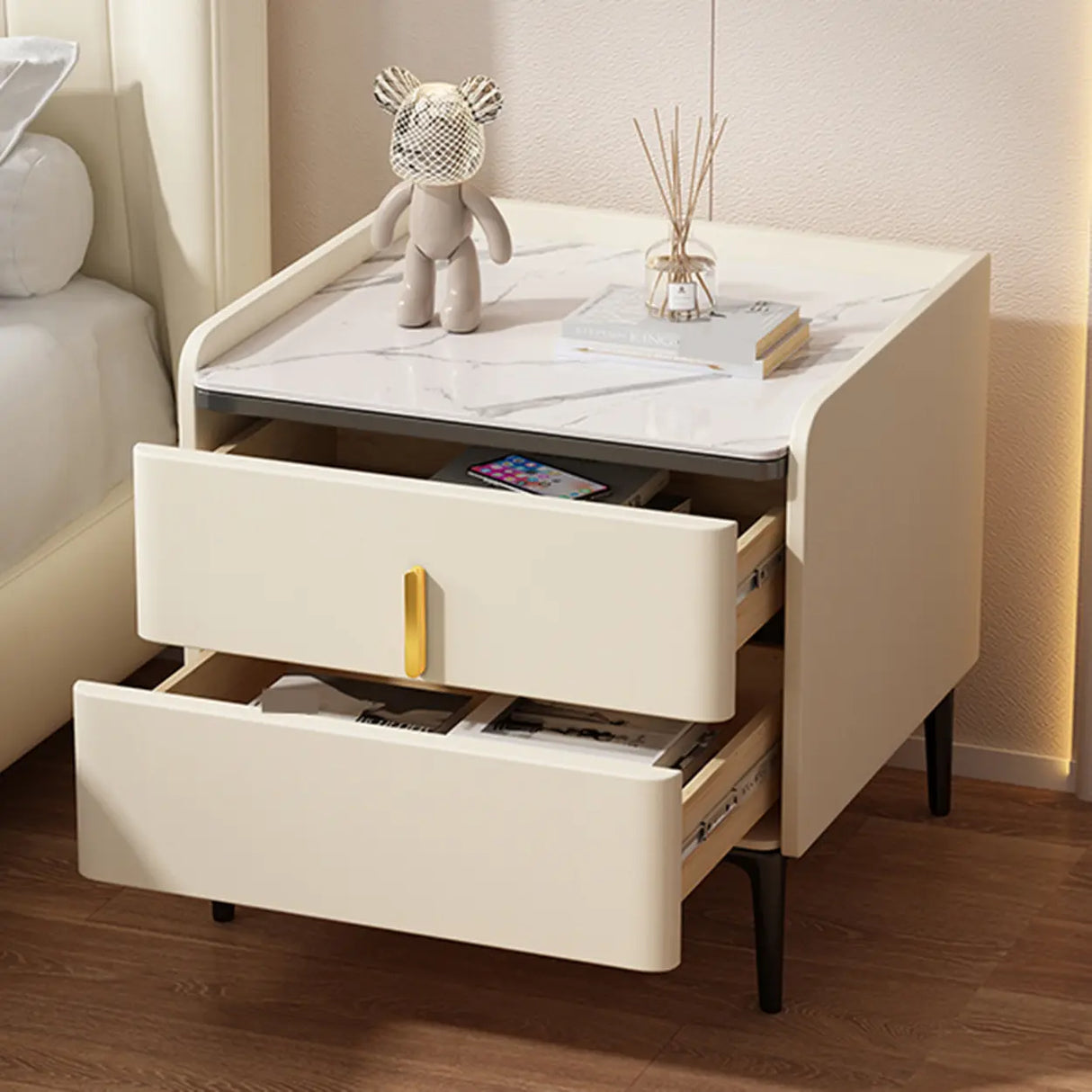 Modern White Marble Top Nightstand with Storage Drawer Image - 4