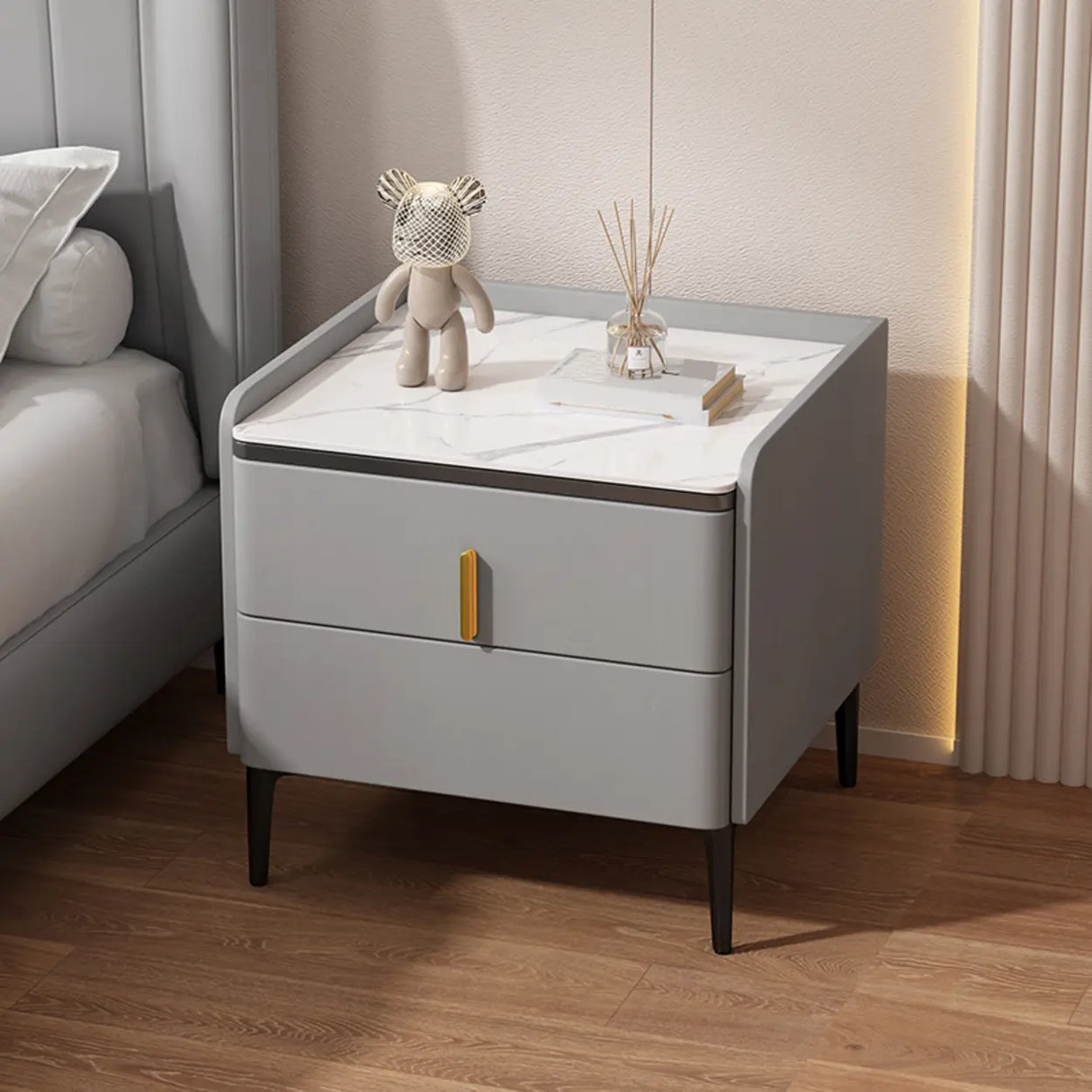 Modern White Marble Top Nightstand with Storage Drawer Image - 5